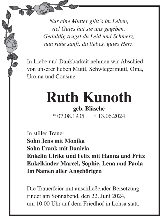 Traueranzeige von Ruth Kunoth von Lausitzer Rundschau