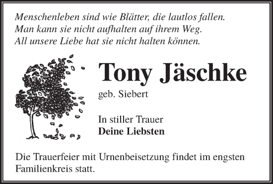 Traueranzeige von Tony Jäschke von Lausitzer Rundschau