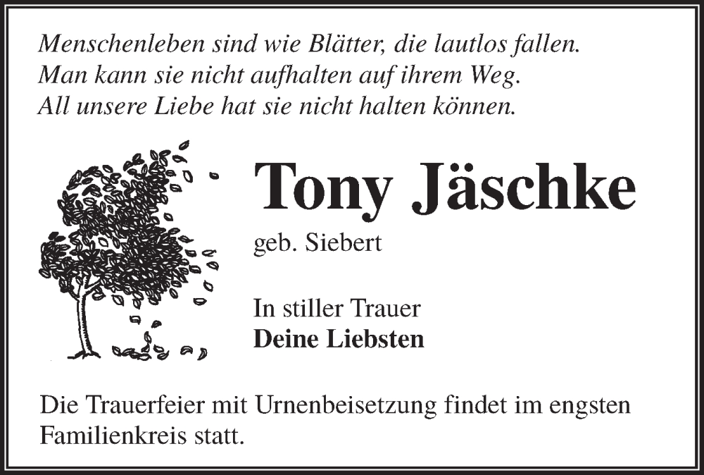  Traueranzeige für Tony Jäschke vom 01.06.2024 aus Lausitzer Rundschau