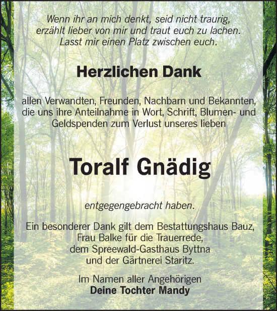 Traueranzeige von Toralf Gnädig von Lausitzer Rundschau