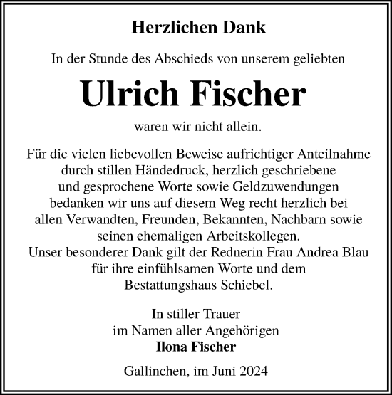 Traueranzeige von Ulrich Fischer von Lausitzer Rundschau