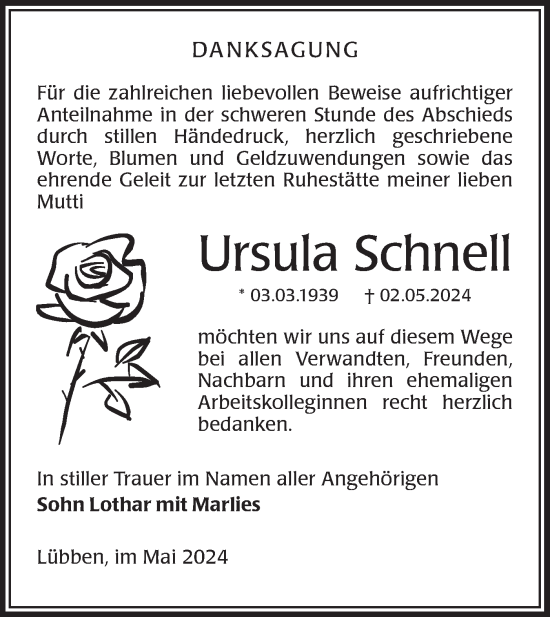 Traueranzeige von Ursula Schnell von Lausitzer Rundschau
