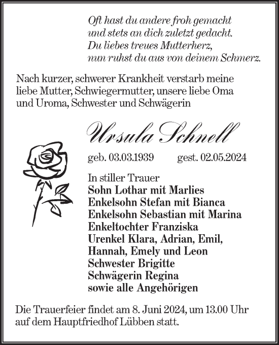 Traueranzeige von Ursula Schnell von Lausitzer Rundschau