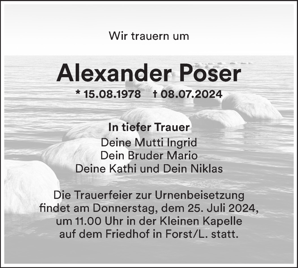  Traueranzeige für Alexander Poser vom 20.07.2024 aus Lausitzer Rundschau