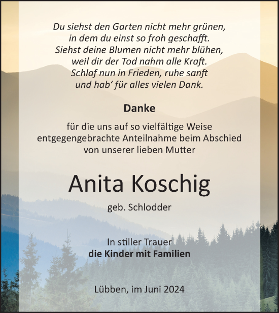 Traueranzeige von Anita Koschig von Lausitzer Rundschau