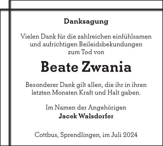 Traueranzeige von Beate Zwania von Lausitzer Rundschau