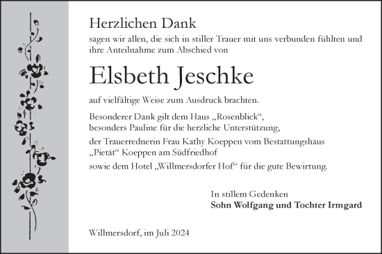 Traueranzeige von Elsbeth Jeschke von Lausitzer Rundschau