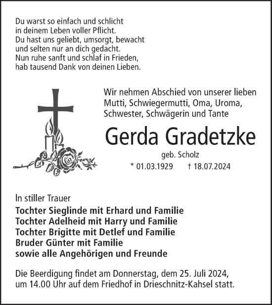 Traueranzeige von Gerda Gradetzke von Lausitzer Rundschau