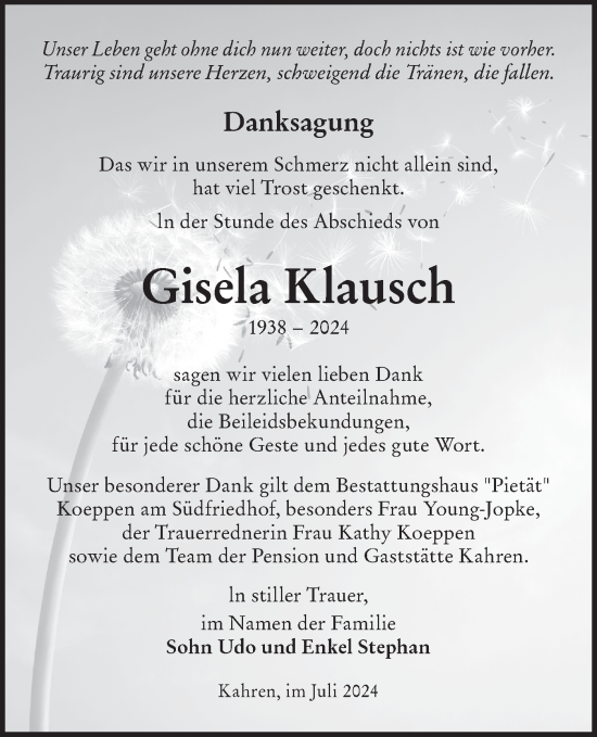 Traueranzeige von Gisela Klausch von Lausitzer Rundschau