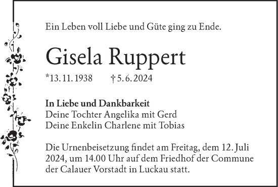 Traueranzeige von Gisela Ruppert von Lausitzer Rundschau