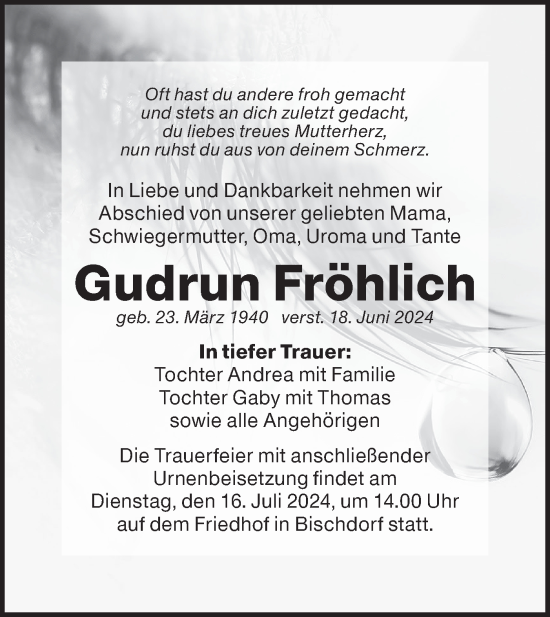 Traueranzeige von Gudrun Fröhlich von Lausitzer Rundschau