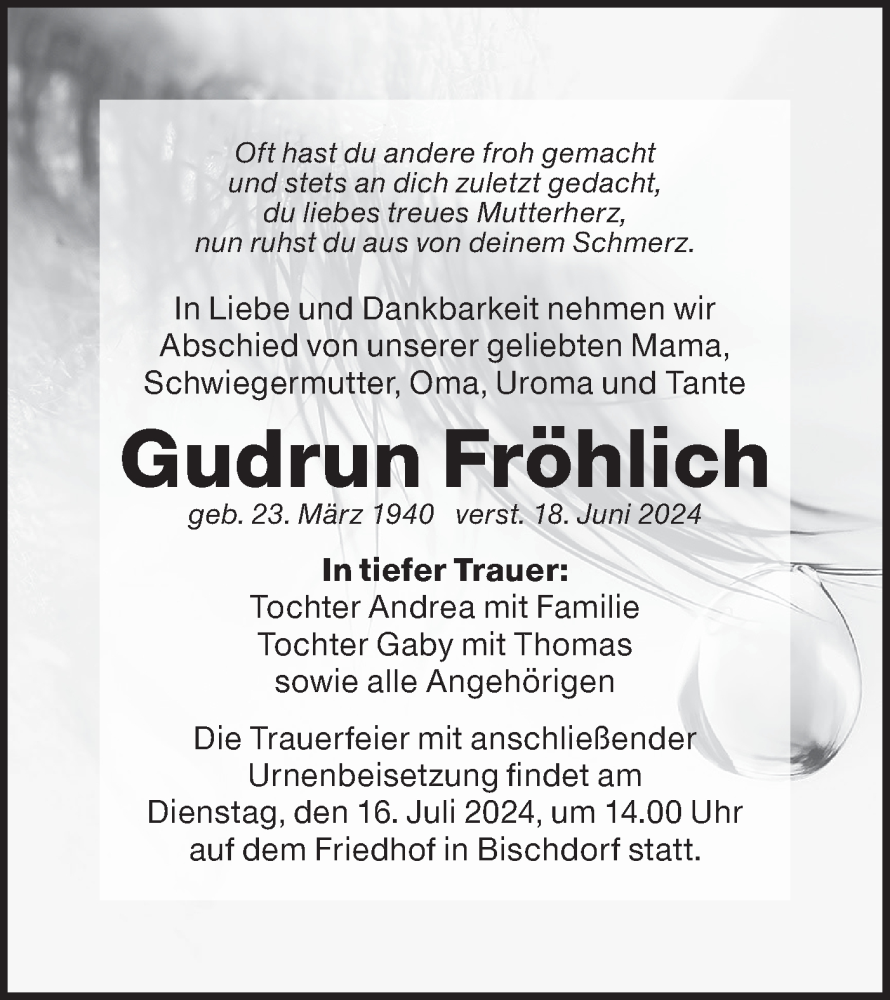  Traueranzeige für Gudrun Fröhlich vom 29.06.2024 aus Lausitzer Rundschau