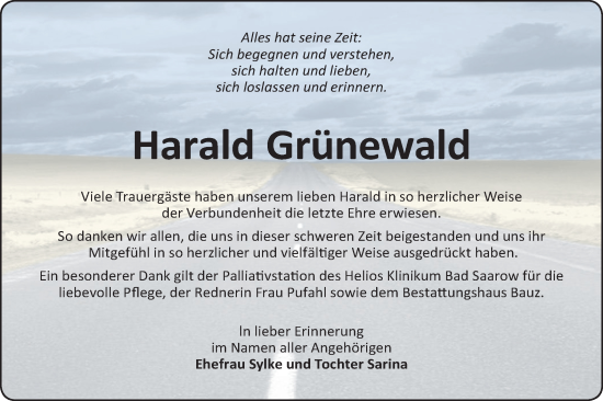 Traueranzeige von Harald Grünewald von Lausitzer Rundschau