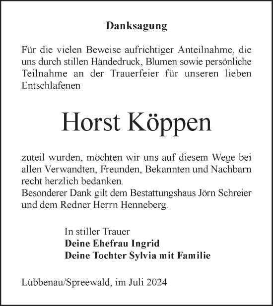 Traueranzeige von Horst Köppen von Lausitzer Rundschau