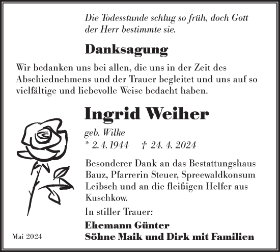 Traueranzeige von Ingrid Weiher von Lausitzer Rundschau