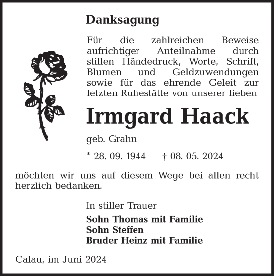 Traueranzeige von Irmgard Haack von Lausitzer Rundschau