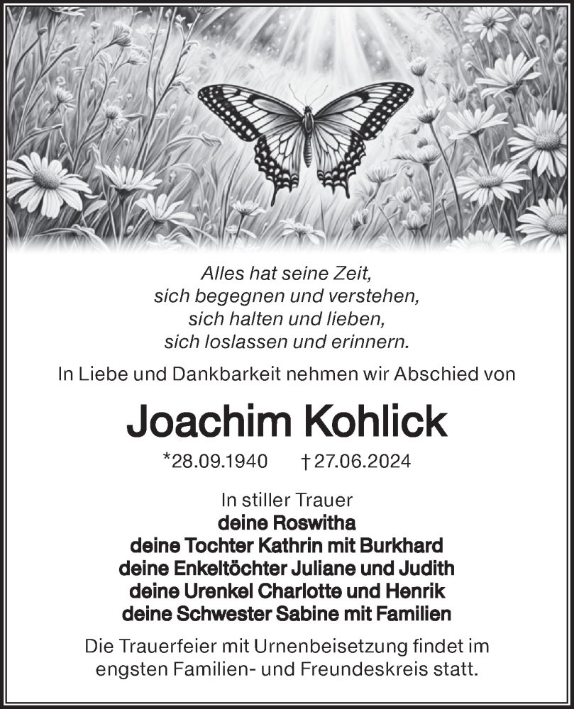  Traueranzeige für Joachim Kohlick vom 06.07.2024 aus Lausitzer Rundschau