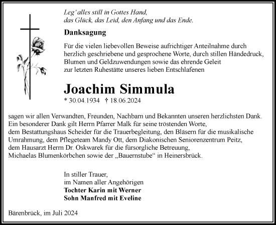 Traueranzeige von Joachim Simmula von Lausitzer Rundschau