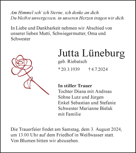 Traueranzeige von Jutta Lüneburg von Lausitzer Rundschau