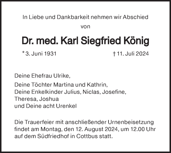 Traueranzeige von Karl Siegfried König von Lausitzer Rundschau