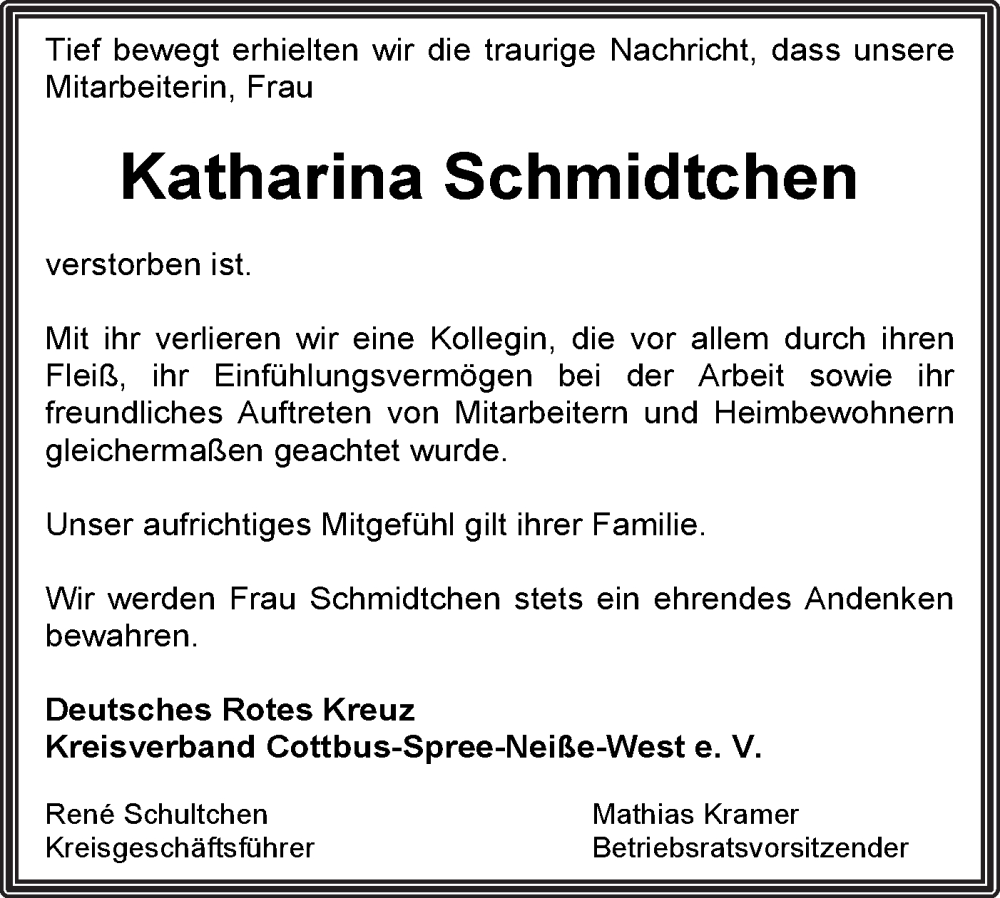  Traueranzeige für Katharina Schmidtchen vom 06.07.2024 aus Lausitzer Rundschau