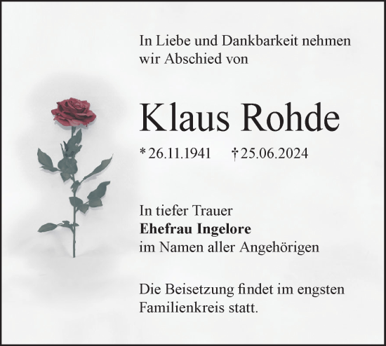 Traueranzeige von Klaus Rohde von Lausitzer Rundschau