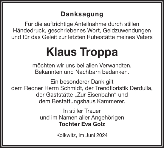 Traueranzeige von Klaus Troppa von Lausitzer Rundschau