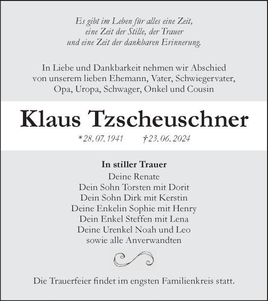 Traueranzeige von Klaus Tzscheuschner von Lausitzer Rundschau