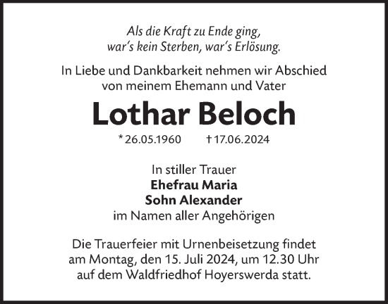 Traueranzeige von Lothar Beloch von Lausitzer Rundschau