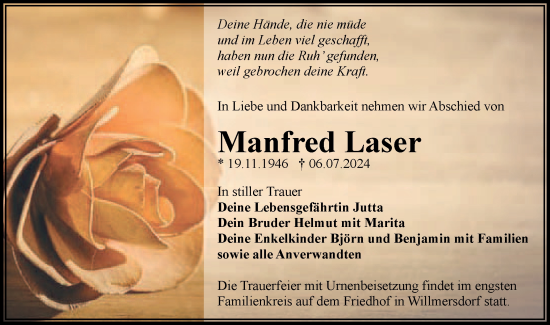 Traueranzeige von Manfred Laser von Lausitzer Rundschau