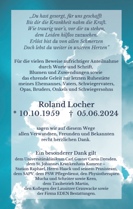 Traueranzeige von Roland Locher von Lausitzer Rundschau