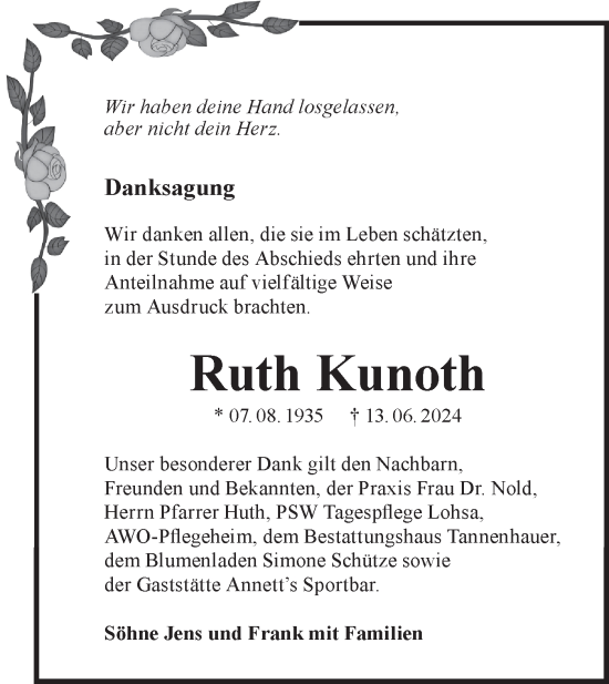 Traueranzeige von Ruth Kunoth von Lausitzer Rundschau