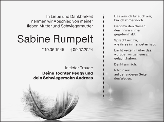 Traueranzeige von Sabine Rumpelt von Lausitzer Rundschau