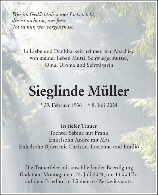 Traueranzeige von Sieglinde Müller von Lausitzer Rundschau
