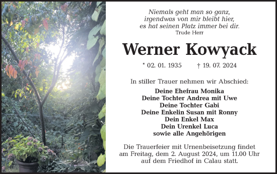 Traueranzeige von Werner Kowyack von Lausitzer Rundschau