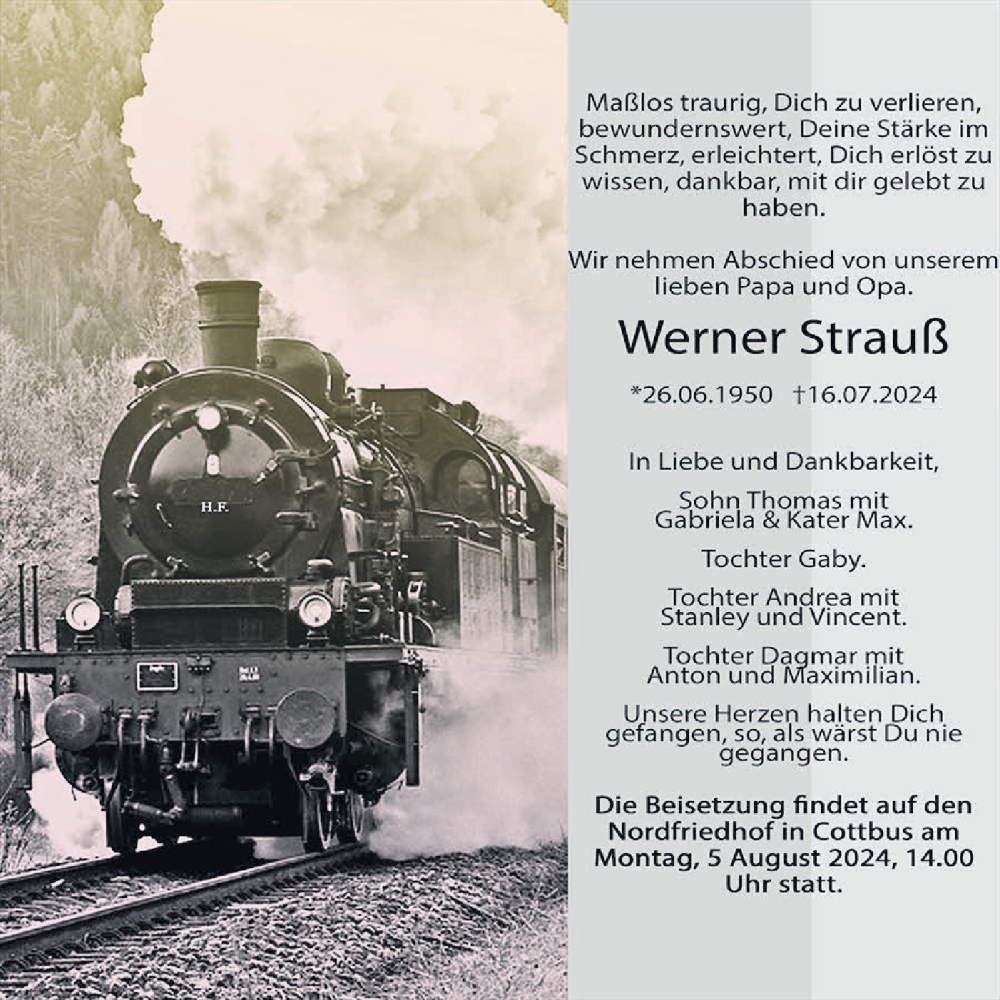  Traueranzeige für Werner Strauß vom 27.07.2024 aus Lausitzer Rundschau