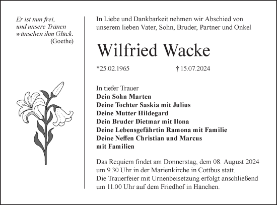 Traueranzeige von Wilfried Wacke von Lausitzer Rundschau