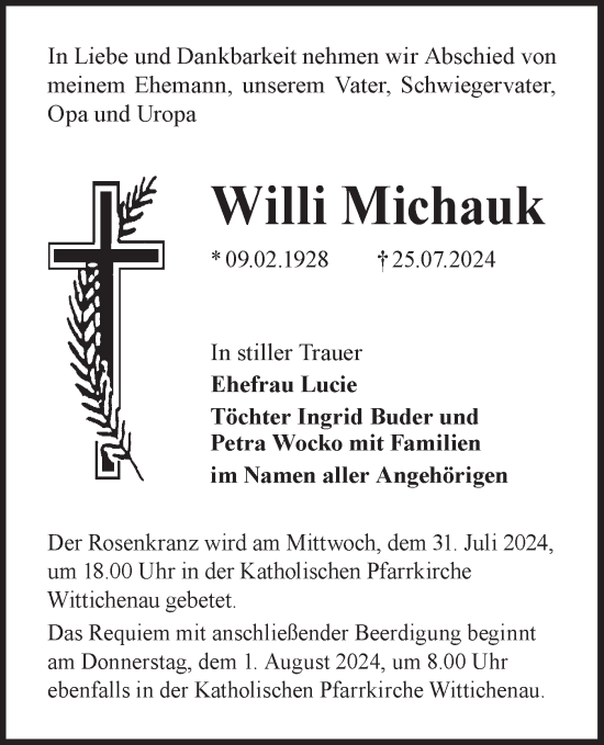 Traueranzeige von Willi Michauk von Lausitzer Rundschau