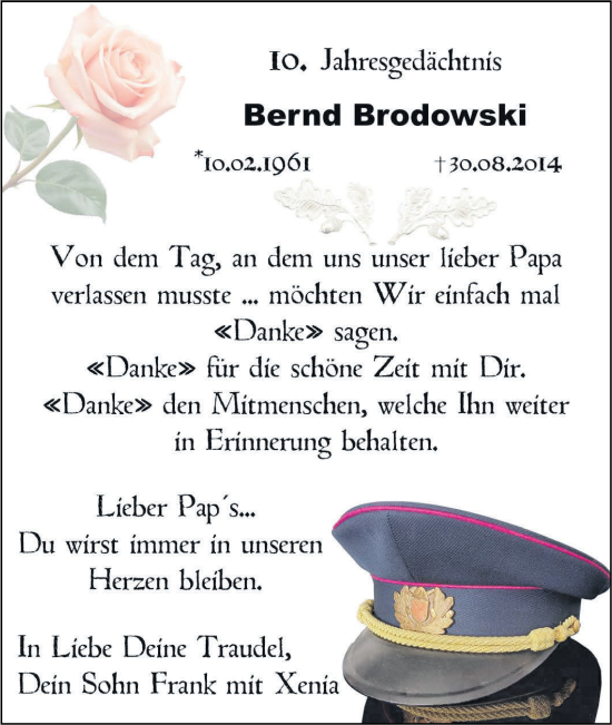 Traueranzeige von Bernd Brodowski von Lausitzer Rundschau