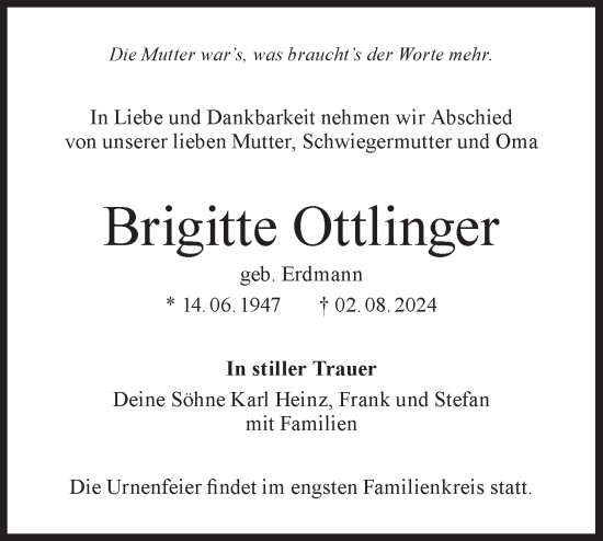 Traueranzeige von Brigitte Ottlinger von Lausitzer Rundschau