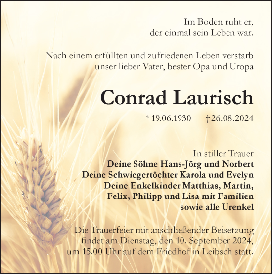 Traueranzeige von Conrad Laurisch von Lausitzer Rundschau