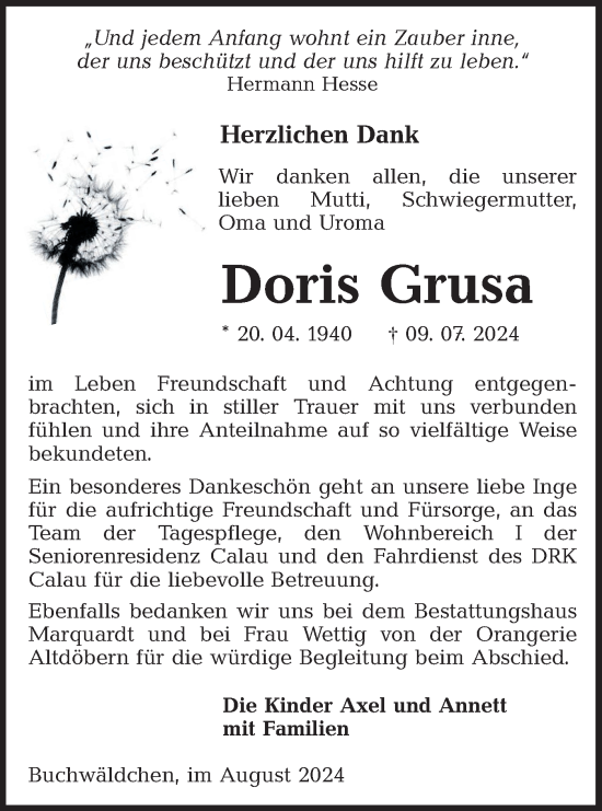 Traueranzeige von Doris Grusa von Lausitzer Rundschau