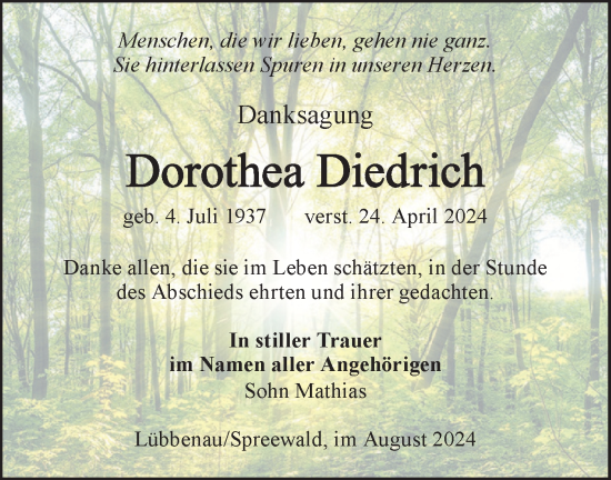 Traueranzeige von Dorothea Diedrich von Lausitzer Rundschau