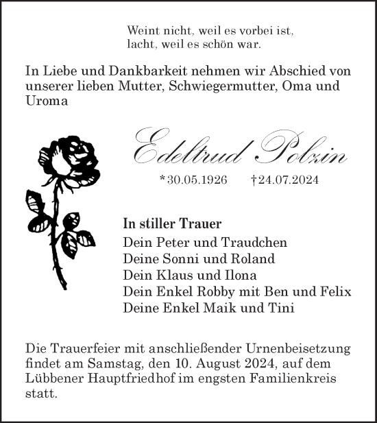 Traueranzeige von Edeltrud Polzin von Lausitzer Rundschau