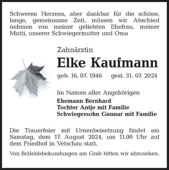 Traueranzeige von Elke Kaufmann von Lausitzer Rundschau