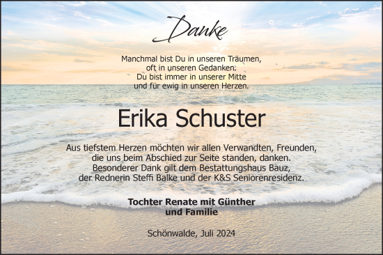 Traueranzeige von Erika Schuster von Lausitzer Rundschau