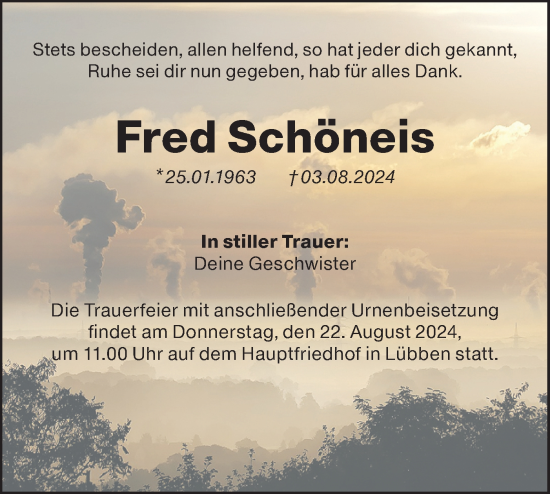 Traueranzeige von Fred Schöneis von Lausitzer Rundschau