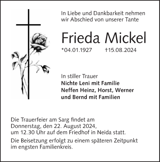 Traueranzeige von Frieda Mickel von Lausitzer Rundschau