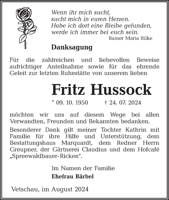 Traueranzeige von Fritz Hussock von Lausitzer Rundschau