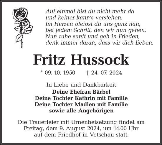 Traueranzeige von Fritz Hussock von Lausitzer Rundschau